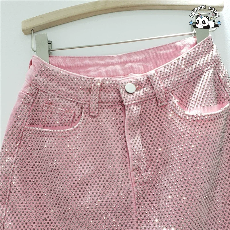 LEZONKIDS - Custom Denim Hot Drilling Skirt Kids Girl Casual Summer Fashion Girls Skirts with Lining